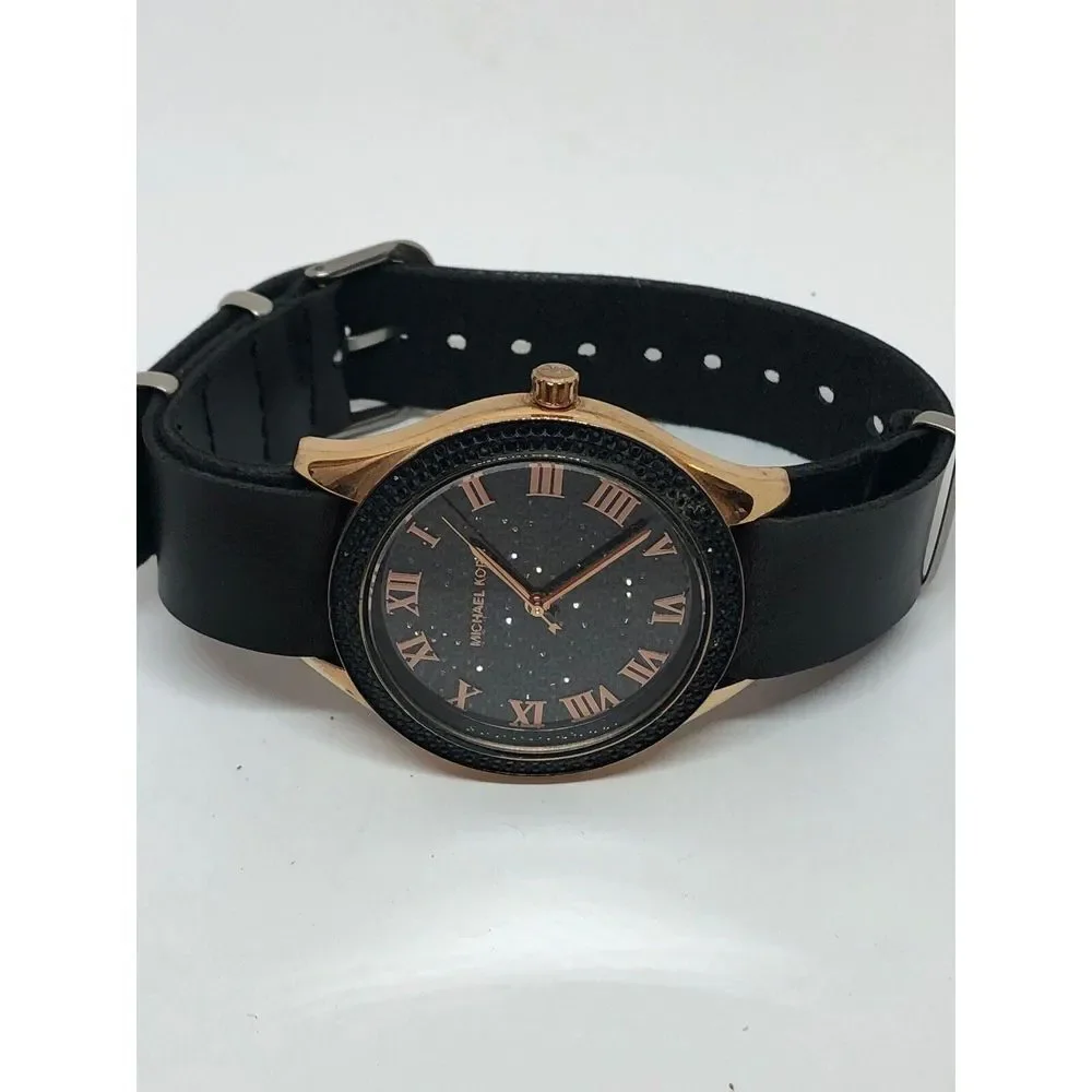 Michael Kors MK3320 Women's Black Leather Analog Black Dial Quartz Watch DV152